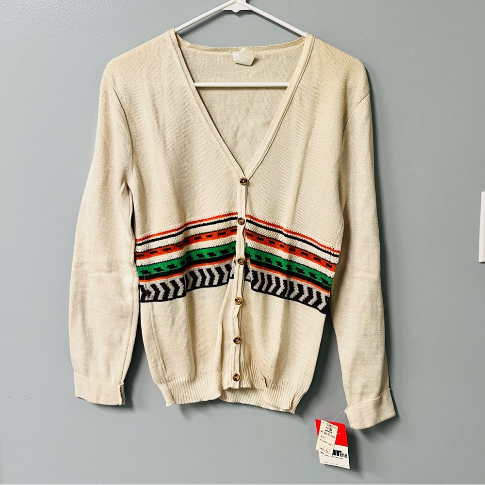 vintage sears cardigan 60s 70s pattern size small 100% cotton durene cream white